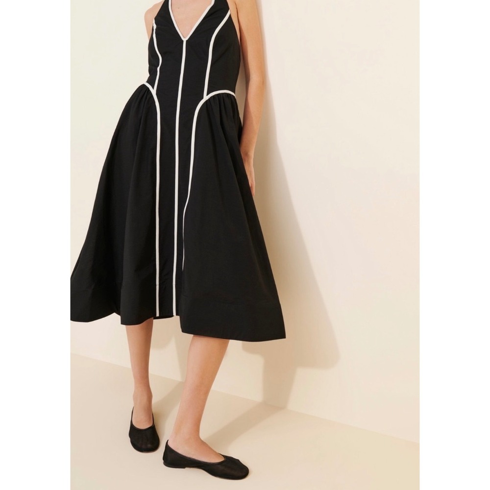 Anthropologie Black White Piping Halter Midi Dress Smocked Back Small